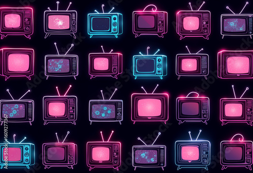 Glowing Cassette and TV Pattern Background – MTV Retro Theme