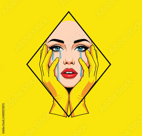 Crying Woman in Yellow Gloves Pop Art Vector Illustration
