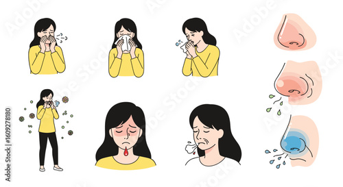 Illustrations showcasing symptoms of respiratory illnesses including sneezing coughing and nasal congestion affecting individuals and their respiratory system
