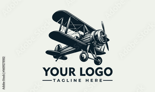 Detailed illustration of a vintage biplane with propeller, wings, and landing gear, presented as a logo design.