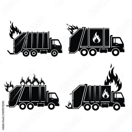 Burning Garbage Truck Icon Set Vector Illustration Black and White Waste Management Issue Concept Emergency Situation Symbol Collection