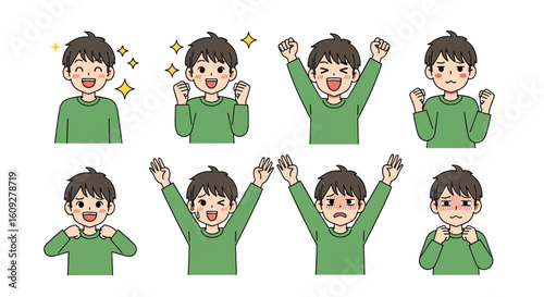 Joyful young boy expressing various positive emotions and excitement through pixel art illustrations