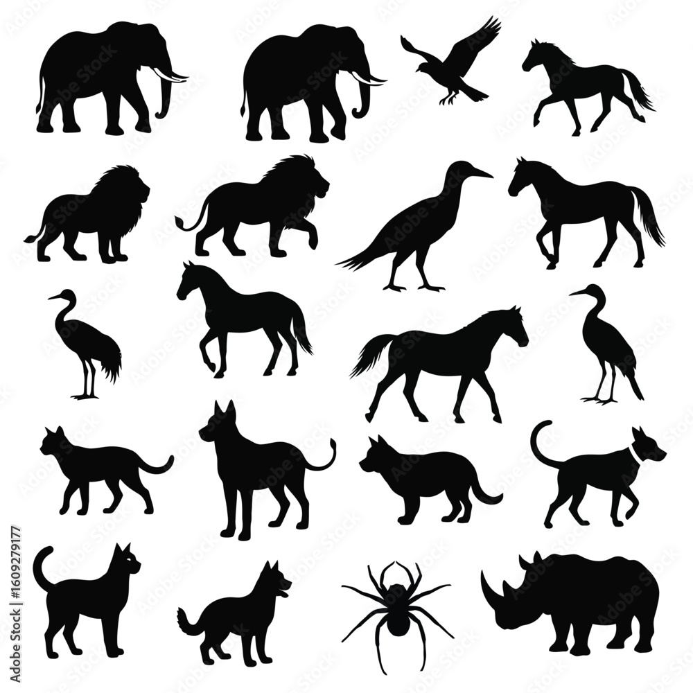 Obraz premium Silhouette Collection of Animals Horses Lions Elephants Dogs Cats Birds and Rhinoceros Vector Illustration Black Shapes on White Background