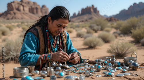 Native American silversmith handcrafting turquoise jewelry in a desert setting photo