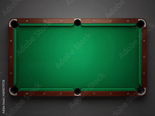 Top view of a green pool table with six pockets, isolated on dark background. Generative AI