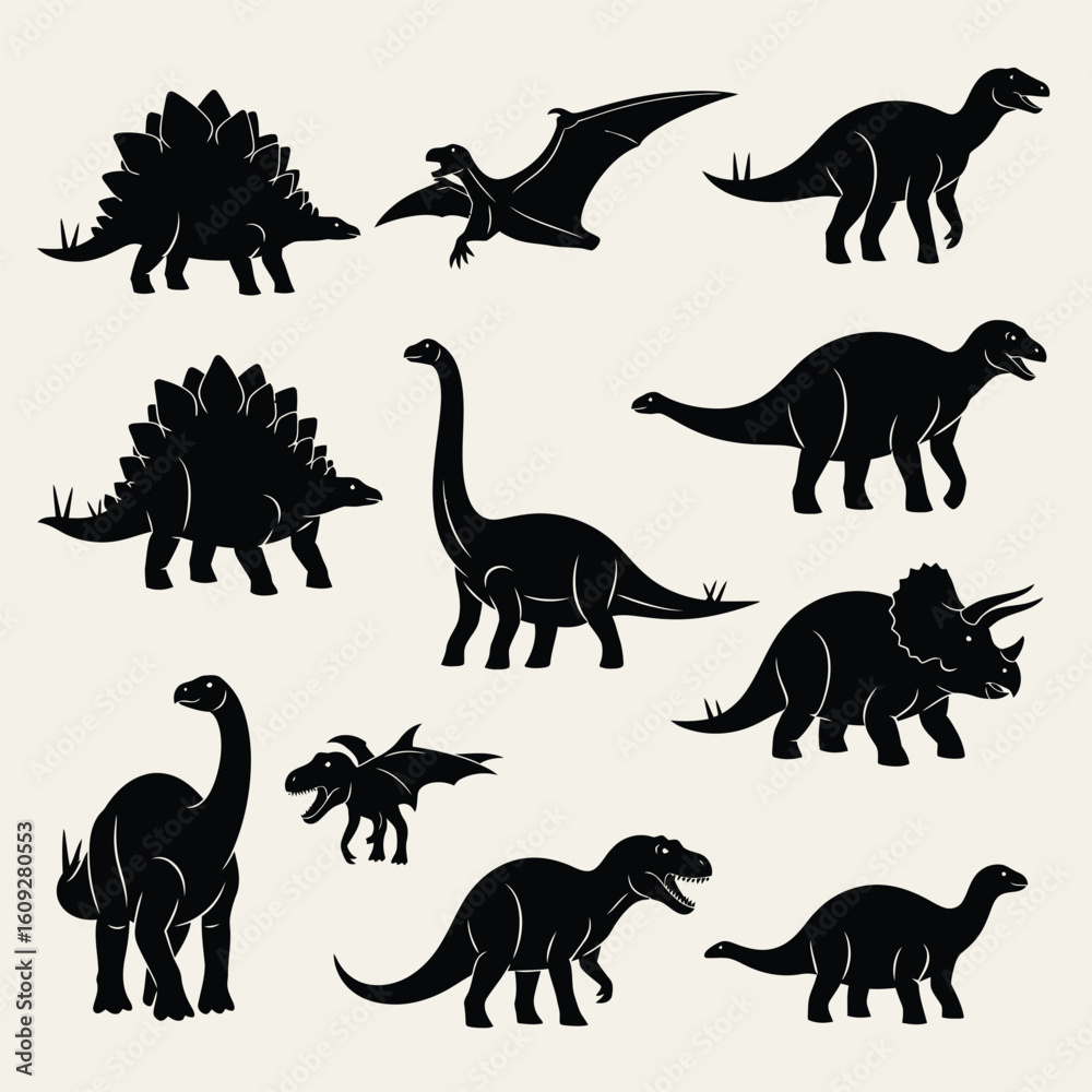Obraz premium Dinosaur Silhouettes Collection Featuring Stegosaurus Pterodactyl Triceratops Tyrannosaurus and Brachiosaurus in Black on a Cream Background