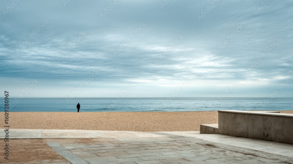 Fototapeta premium arthouse-style beach in Madrid, abstract minimalism, empty space, one person standing by the sea in silence, dramatic light, grainy texture