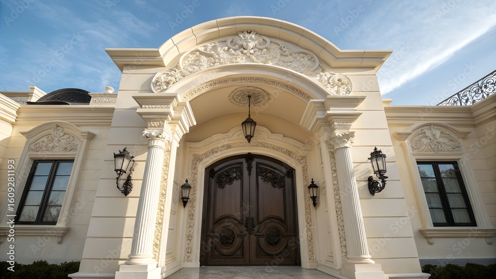 Obraz premium A grand house entrance with ornate white architectural details and a large dark door stands under a blue sky.
