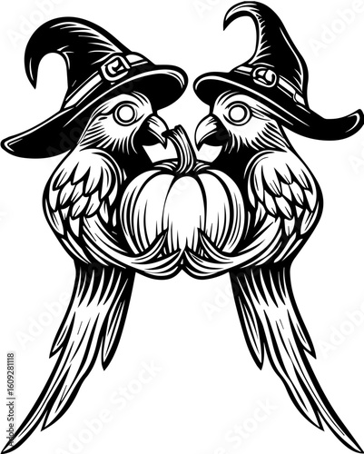 SVG of a Halloween bird wearing a witch hat with a pumpkin, in a playful tattoo style. Two Halloween Birds with Witch Hats Holding a Pumpkin Illustration