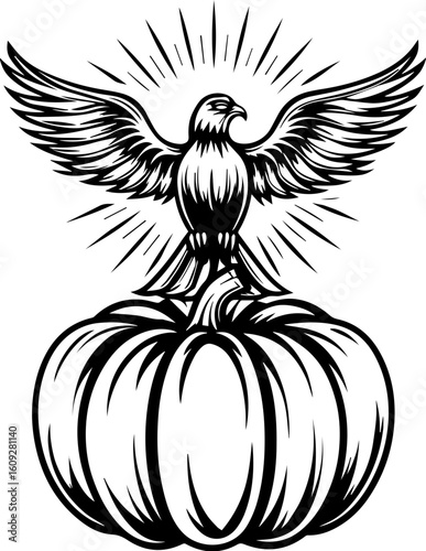 SVG of a Halloween bird wearing a witch hat with a pumpkin, in a playful tattoo style. Eagle with Wings Above Pumpkin in Vintage Black and White Design