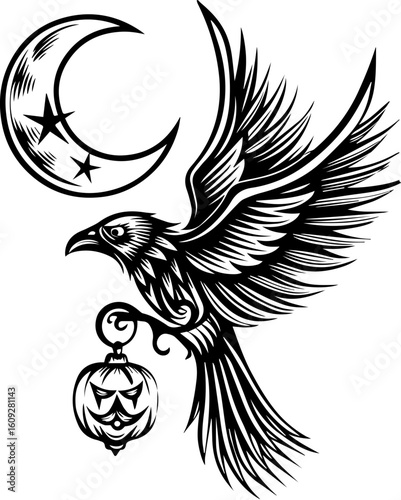 SVG of a Halloween bird wearing a witch hat with a pumpkin, in a playful tattoo style. Majestic Raven with Lantern Under Crescent Moon and Stars Design