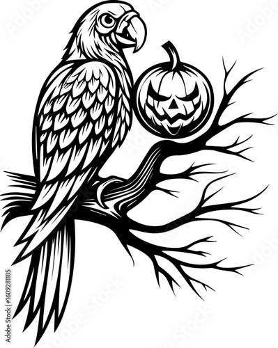 SVG of a Halloween bird wearing a witch hat with a pumpkin, in a playful tattoo style. Black and White Illustration of Parrot with Pumpkin on Tree Branch