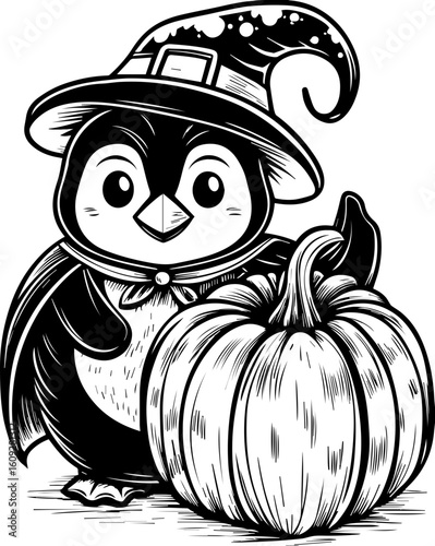 SVG of a Halloween bird wearing a witch hat with a pumpkin, in a playful tattoo style. Cute Penguin Cartoon Character with Pumpkin in Halloween Costume