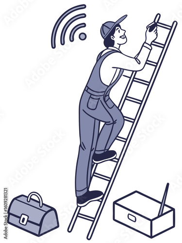 Professional installer placing wireless router on office or home wall while on ladder, wearing safety equipment, isometric style.