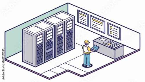 High-security data center scene with technicians overseeing server systems and air-cooled infrastructure for optimal tech operations.