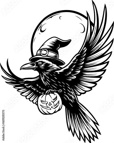 SVG of a Halloween bird wearing a witch hat with a pumpkin, in a playful tattoo style. Black Crow with Witch Hat and Pumpkin under Full Moon Night