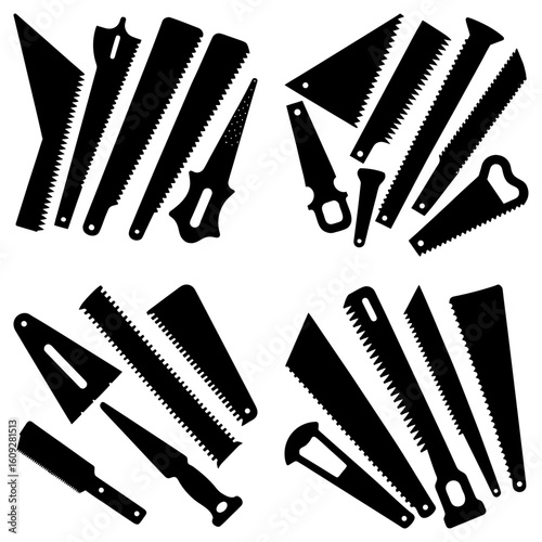 Silhouette illustrations of various hand saws arranged in four distinct groupings on a white background