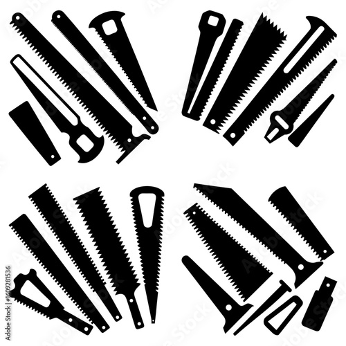 Collection of various hand saws arranged in four groups with different shapes and sizes in black color
