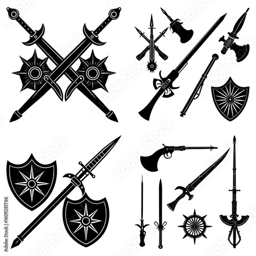 Collection of medieval weapons and shields featuring swords axes spears and other historical arms designs