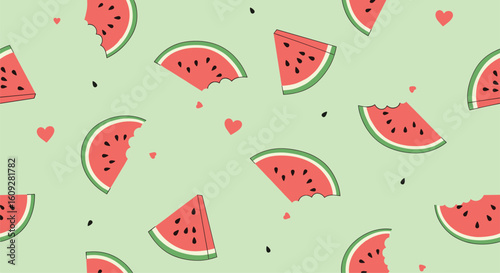 Charming pixelated watermelon slices adorned with cute pink hearts on a light green background pattern