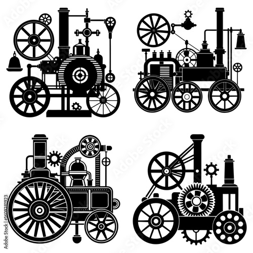 Four vintage steam engine illustrations with intricate gears and wheels in a black and white style design