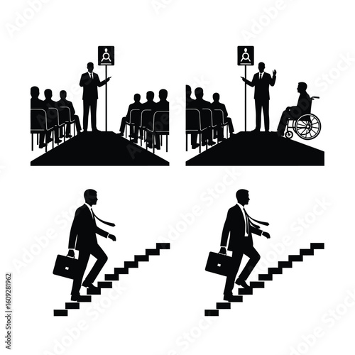 Business Presentation with Accessibility and Career Advancement Black and White Silhouette Vector Illustration Set