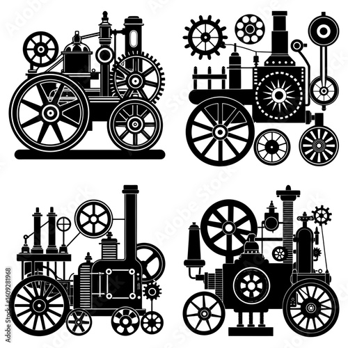 Four black and white steampunk vehicle designs featuring gears wheels and industrial components in a grid layout