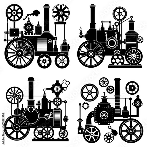 Four vintage steam engine designs in black silhouette showcasing intricate mechanical details and wheel arrangements