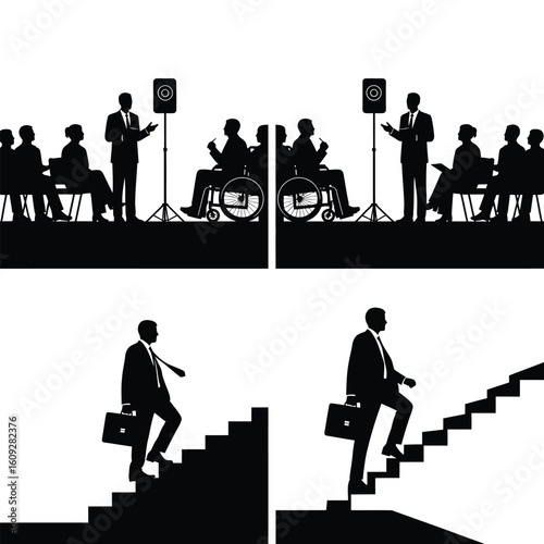 Business Conference with Speaker Presentation Audience Accessibility and Career Progression on Stairs Silhouette Illustration