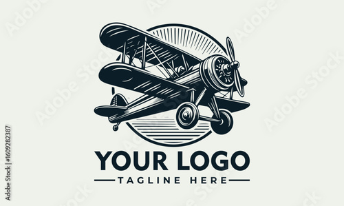 Vintage biplane logo design, dark monochrome illustration, propeller, sunburst background, classic aviation theme.