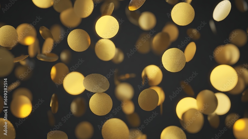 Fototapeta premium Golden confetti floating in midair against a dark backdrop, capturing a festive and lively moment.