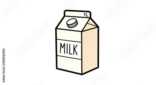 A simple cartoon illustration of a one liter milk carton showing the word milk in a label with a small cap on top