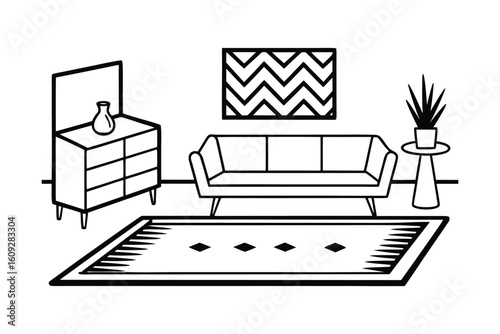 Modern Retro Living Room With Patterned Rug And Vintage Decor