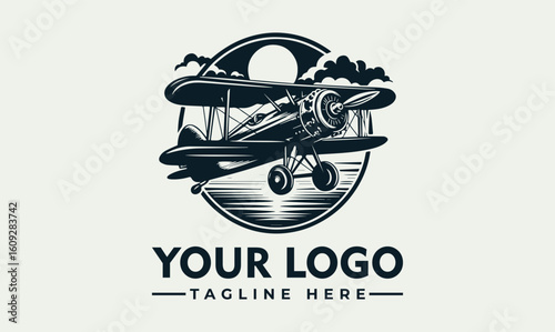 Vintage biplane logo design, flying over scenic landscape at sunset, within a circular emblem.