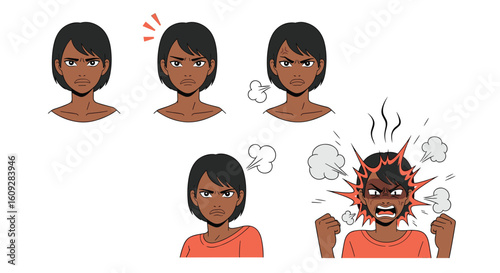 Diverse expressions of frustration and anger in a pixelated character displaying various emotional states of annoyance and displeasure