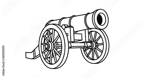A detailed line drawing of an antique field cannon on a wheeled carriage showcasing its historical military artillery design