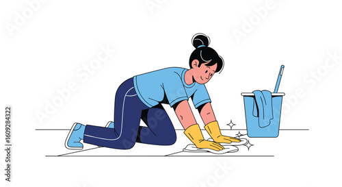 A person on their knees wearing yellow gloves and a blue shirt cleans the floor with a bucket of water and a mop nearby in an illustration