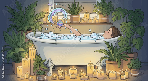 A person relaxes in a bubbly bathtub surrounded by plants and candles in a magical, dimly lit room.