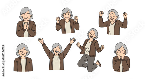 Collection of elderly woman poses demonstrating a range of emotions and actions