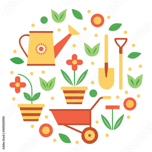 Charming garden illustration with watering can pots shovel and wheelbarrow gardening