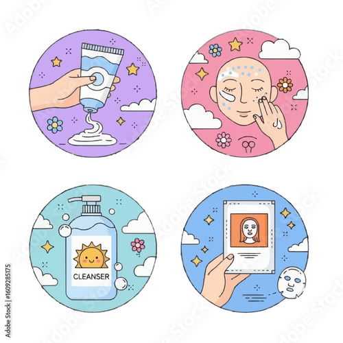 Four circular illustrations depicting skincare routines, including cleanser application, cream squeezing, and sheet mask usage.