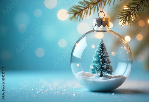A clear glass globe with a miniature snow-covered Christmas tree inside, hanging against a soft blue background filled with bokeh and shimmering particles.