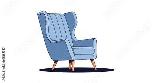 A stylish light blue upholstered wingback armchair with wooden legs and a textured throw blanket draped over the back presented on a white background with a shadow