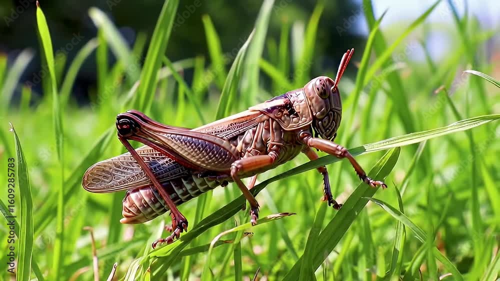 Close-up of a brown grasshopper perched on blades of bright green grass