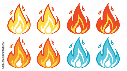 Collection of stylized flame icons in red yellow and blue fire heat