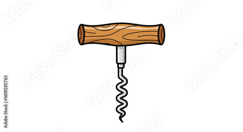A detailed illustration of a classic wooden handled corkscrew tool for opening wine bottles with a spiral metal auger