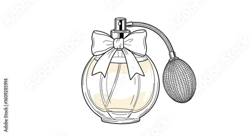 Elegant perfume bottle with ribbon accent and vintage atomizer evokes classic fragrance appeal
