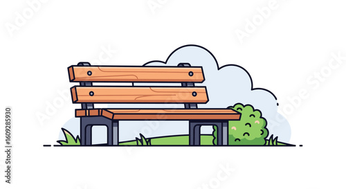 A classic wooden park bench offers a place to rest amidst green foliage and soft sky clouds