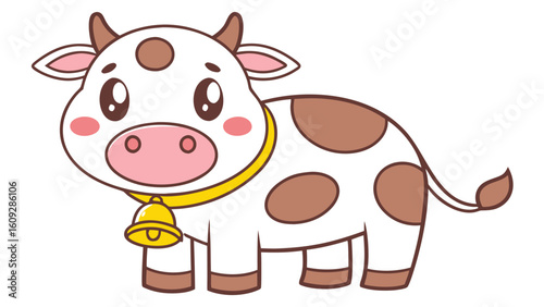 Cute cartoon cow with brown spots and yellow bell animal illustration