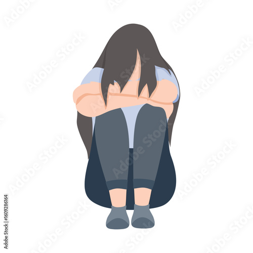 Young Depressed Woman Sitting On Floor And Hugging Her Knees. Sadness, Depression, Emotional Burnout, Confusion And Mental Health Problems.